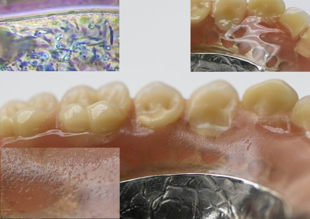 Poškodovana zobna proteza z biofilmom, mikroskopski posnetek biofilma levo zgoraj, desno zgoraj spolirana proteza s sijočo površino