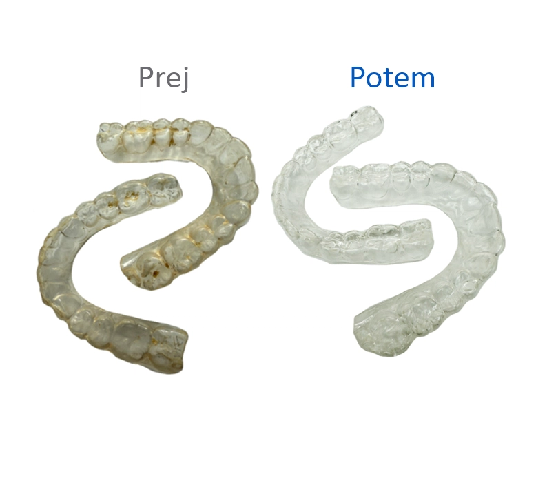 Slika dveh zobnih opornic – levo pred čiščenjem, porumenela in obložena; desno po čiščenju, popolnoma čista in prozorna.